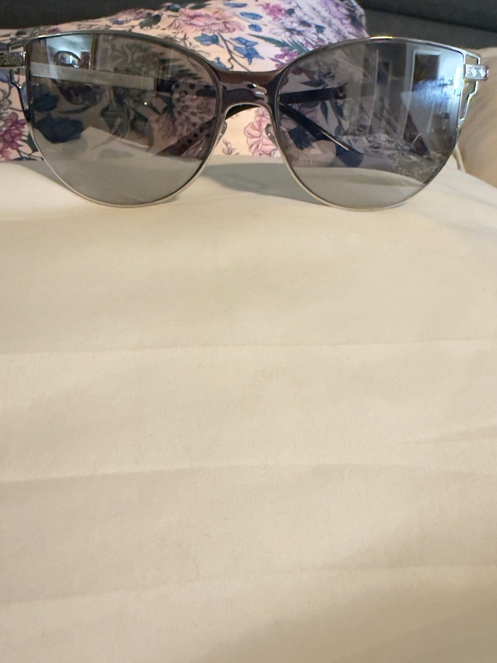 Versace Women's Silver Metal Cat-Eye Sunglasses with Gray Lenses- Greek Key